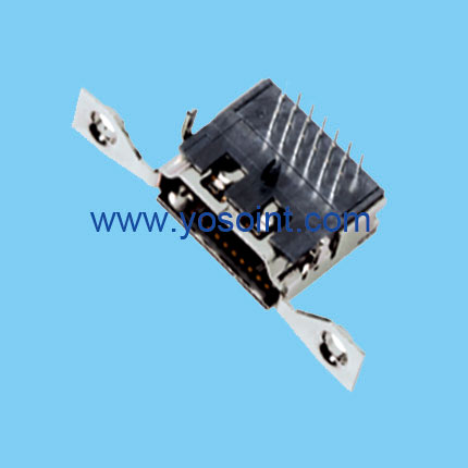 HDMI connector female 19P triplex row right angle with flange
