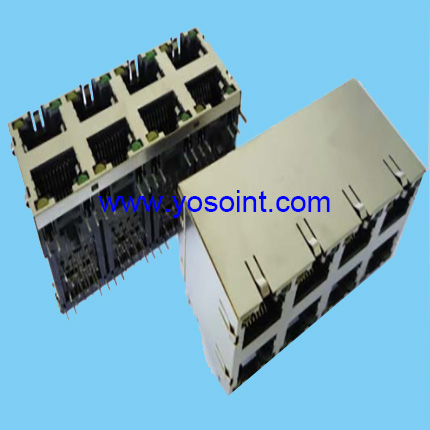 RJ45 connector 8P8C 2x4 port right angle with LED and shiled